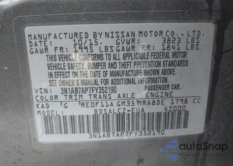 2015 Nissan Sentra S z USA, uszkodzony, nr VIN 3N1AB7AP7FY352190